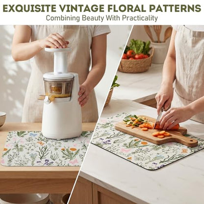 LemonRoad Dish Drying Mat for Kitchen Counter, 12"x20" Absorbent Coffee Bar Mat with Spring Floral Design, Fast-dry Diatomite Drainer Drying Mats with Non-slip Backing for Kitchen Sink Countertop - style: Floral Pattern