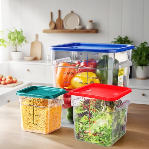4 Pack 4 Qt Square Polycarbonate Food Storage Containers with Lids | Clear BPA-free PC with lids, side handles, measurement scale and stackable design; for food prep, storage and freezer use. - color: 4Qt