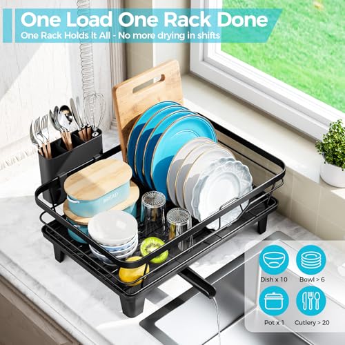 Urackify Dish Drying Rack for Kitchen Counter, Sink Dish Rack with Drainboard 12.2" W x 16.5" L, Large Dish Drainer with Cutlery Holder, Home Countertop Plate Dryer Storage Rack, Black - color: Black