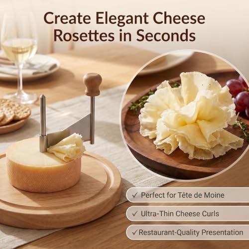 Cheese Curler Wheel - Stainless Steel Cheese Shaver with Sharp Blade & Wood Base,Create Beautiful Rose-Shaped Shavings from Tête de Moine, Hard Cheeses, and Chocolate,Ideal for Restaurants & Home Use