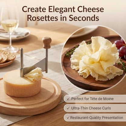 Cheese Curler Wheel - Stainless Steel Cheese Shaver with Sharp Blade & Wood Base,Create Beautiful Rose-Shaped Shavings from Tête de Moine, Hard Cheeses, and Chocolate,Ideal for Restaurants & Home Use