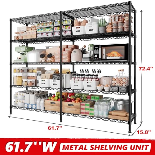5 Tier Metal Shelving Unit Storage Shelves Load 1500LBS,Adjustable Wire Shelving Pantry Shelves for Storage,Kitchen Shelves Storage Rack for Commercial Garage Shelving Heavy Duty,61.7"W*72.4"H*15.8"D - style: Black-15.8" Dx61.7" Wx72.4" H-5 Tier