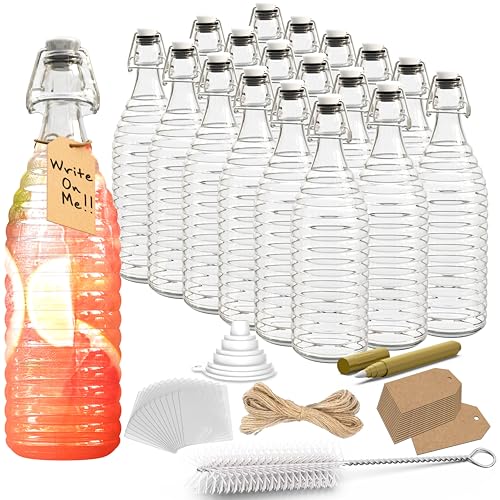 Nevlers 33 Oz Ringed Swing Top Glass Bottles with Airtight Lid 18 Pack | Flip Top Glass Bottle with Stopper , Funnel, Brush, Marker, Shrink Wrap & Tags | Juice, Fermentation, Beer & Kombucha Bottles - size: 18 Pack, style: Ringed