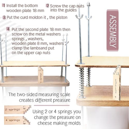 Wooden Cheese Press For Cheese Making 16 In Natural Oak 18 mm Thick - Cheese Making Kit With Wooden Cheese Press and 2 Cheese Molds 1/2 Gal, Cheesecloth, Springs and Measuring Scale Included