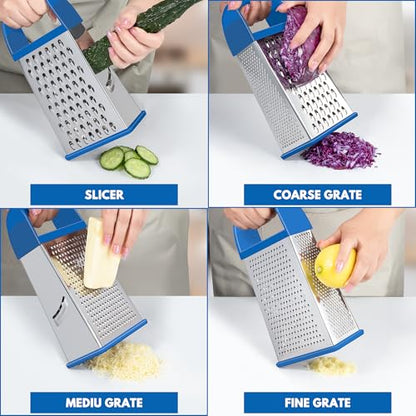 Urbanstrive Cheese Grater With Container, Professional Cheese Grater with Handle, Stainless Steel Graters for Kitchen Handheld, Box Grater with 4 Sides for Vegetables, Ginger, Potatoes (Dark Blue) - color: Dark Blue