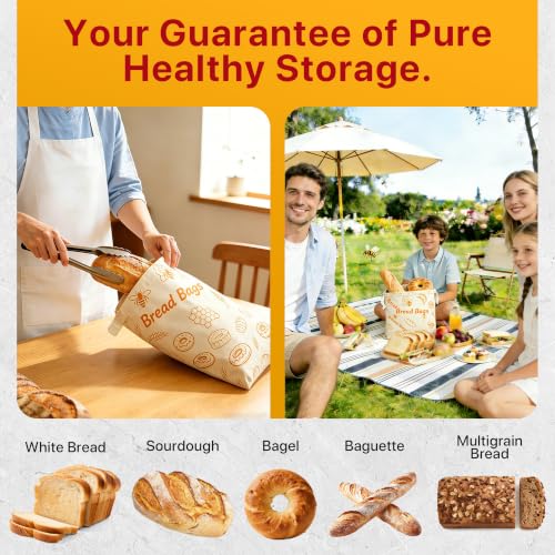 Reusable Beeswax Bread Bags Sourdough - Large Linen Bees Wax Bag for Storage Homemade Loaf - Cotton and Waxed Wrap Lined Container Lined for Sour Dough Fresh Food - Sealable Bread Keeper 2PK Set Gifts