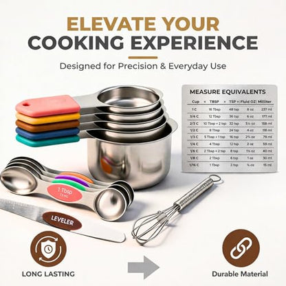 DIYORA Magnetic Measuring Cups and Spoons Set, 13-Piece 304 Stainless Steel Measuring Set with Leveler, Mini Whisk, Conversion Chart, Double-Sided Spoons for Baking and Cooking