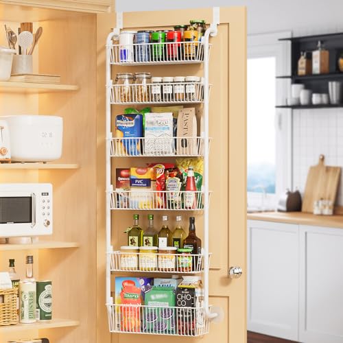 Delamu Large Over the Door Pantry Organizer, 6-Tier Metal Pantry Door Organization and Storage for Easy Install, Hanging Spice Rack Seasoning Shelves for Cabinet & Kitchen, D6.7xW17.5xH53.7 in, White - color: White, size: 6 Tier-L