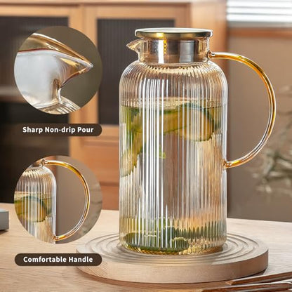 Buaic 2 PACK Glass Pitcher with Lid, 68 oz/ 2 Liter Amber Classic Vertical Stripes Water Pitcher,Glass Water Carafe for Cold Brew, Coffee, Lemonade, Iced Tea,Beverage, Heat Resistant Water Glass Jug - color: Amber, size: 2L-2 PACK