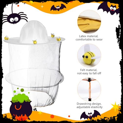 62 Pcs Beekeeper Costume Set Bee Keeper Hat with Veil 20pcs Felt Bees Beekeeping Gloves 2 Sheets Double Sided Tape Bee Keeper Costumes Adult Halloween Costume