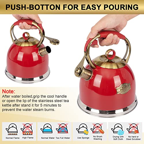 Tea Kettle, Stovetop Whistling Teapot, Stainless Steel, Red, 3.0-Quart - color: Red