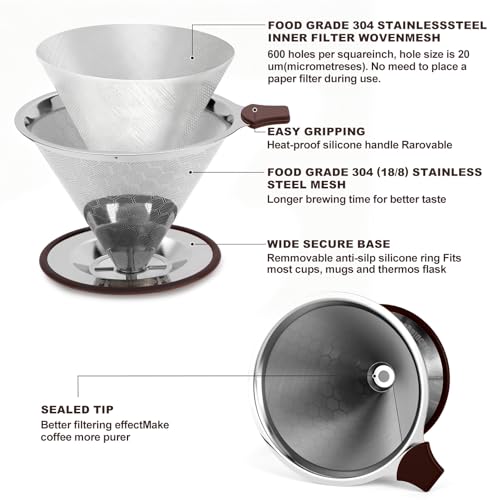 Pour Over Coffee Dripper, Stainless Steel Coffee Filter, Paperless Reusable Coffee Filter, Metal 600 Mesh Strainer Coffee Maker Single Cup Brewer (1-4 Cups) - size: 1-4 Cups