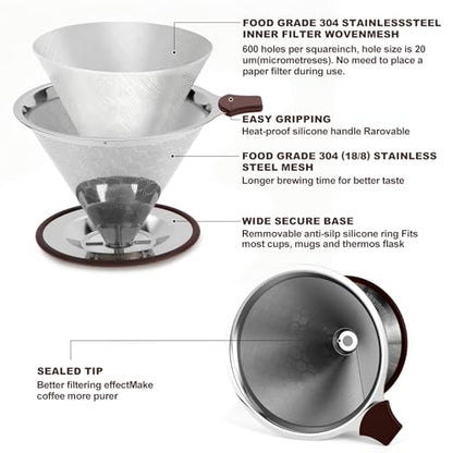 Pour Over Coffee Dripper, Stainless Steel Coffee Filter, Paperless Reusable Coffee Filter, Metal 600 Mesh Strainer Coffee Maker Single Cup Brewer (1-4 Cups) - size: 1-4 Cups