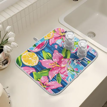 Lily Pulitzer Mason Jars Dish Drying Mats for Kitchen Counter, Microfiber Dish Drainer Mat 16 x 18 Inch Absorbent Washable Rack Pad Drying Dishes - size: 16x18in