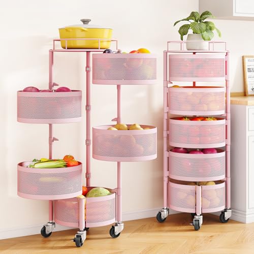 SNTD Fruit and Vegetable Basket Bowls for Kitchen with Metal Top Lid, 5 Tier Rotating Storage Rack Cart for Potato Onion Bread Banana, Wire Basket Organizer on Wheels, Large, Pink - color: Pink