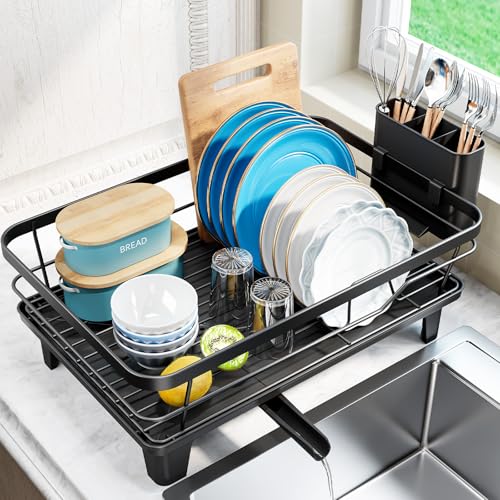 Urackify Dish Drying Rack for Kitchen Counter, Sink Dish Rack with Drainboard 12.2" W x 16.5" L, Large Dish Drainer with Cutlery Holder, Home Countertop Plate Dryer Storage Rack, Black - color: Black