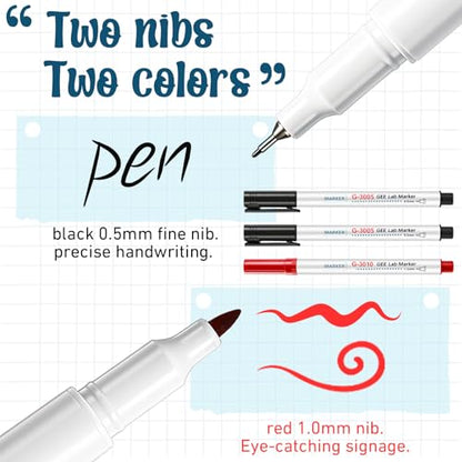 3 Pack Alcohol Resistant Laboratory Markers Permanent Freezer Pens with Black 0.5mm Fine Point and Red 1.0mm Makers Tip, Designed for Lab, Professional Labeling on Glass Plastic Wet Surfaces