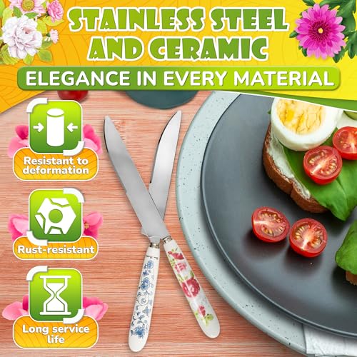 6 Pcs Butter Knife Set - 7.87 x 4.21" Floral Сheese Spreader Knives with Easy-to-Grip Ceramic Handles, Serrated Stainless Steel Blades, Polished, Dishwasher Safe - for Kitchens, Restaurants & Parties - color: Floral
