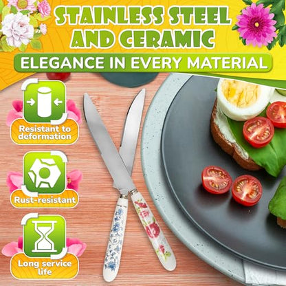 6 Pcs Butter Knife Set - 7.87 x 4.21" Floral Сheese Spreader Knives with Easy-to-Grip Ceramic Handles, Serrated Stainless Steel Blades, Polished, Dishwasher Safe - for Kitchens, Restaurants & Parties - color: Floral