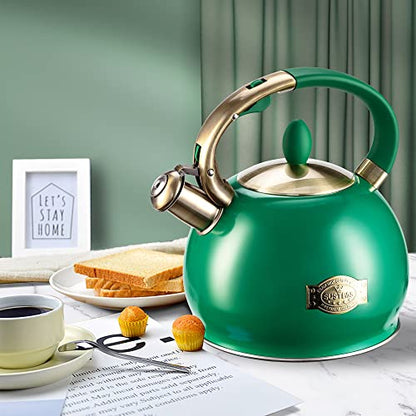 SUSTEAS Stove Top Whistling Tea Kettle - Food Grade Stainless Steel Teakettle Teapot with Cool Touch Ergonomic Handle, With 1 Silicone Pinch Mitt Included, 2.64 Quart (Green) - color: Green