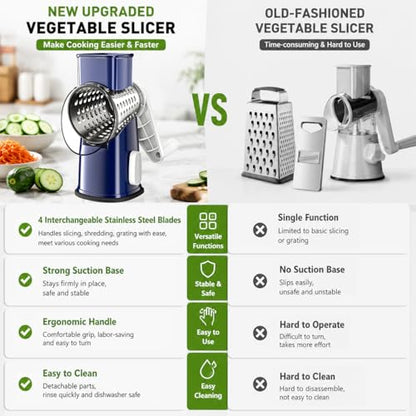 VEKAYA Rotary Cheese Grater Hand Crank with 4 Interchangeable Stainless Steel Blades, Large Manual Handle Shredder and Waffle Slicer for Vegetables, Cheese and Nuts with Table Suction Base(Blue) - color: Blue