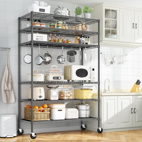 Romorgniz 6-Tier Rolling Storage Shelves, 82" H x 45" W x 18" D Adjustable Wire Shelving Unit with Locking Wheels, Heavy-Duty Metal Rack for Garage, Pantry, Kitchen, Basement – Black - size: 82"H X45"W X18"D-Black