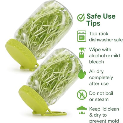 Happyiren Sprouting Lid Kit for Wide Mouth Mason Jars, 2-Pack (3.38"/86mm) | BPA-Free; One-Piece Sprouting Lids with Built-In Stand, Seed Germination Jar Sprouter Lid, Fits Wide Mouth Jars - color: Green