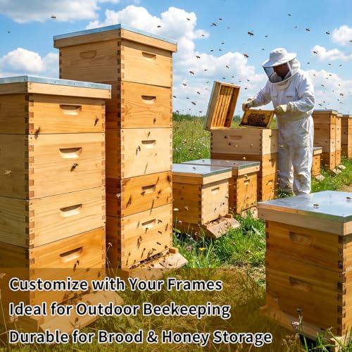 Unassembled 10-Frame Medium Beehive Box with Beeswax Dip - Standard Langstroth Super Box, Beekeeping Hive Parts (No Frames/Foundations), 19-7/8" L x 16-1/4" W