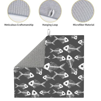 Nautical Fish Skeleton Silhouettes Dish Drying Mats for Kitchen Counter, Super Absorbent Microfiber Drainer Pad, Washable Reversible Appliance Protector, Everyday Kitchen Must-Have, 16x18 Inch - color: Nautical Fish Skeleton Silhouettes