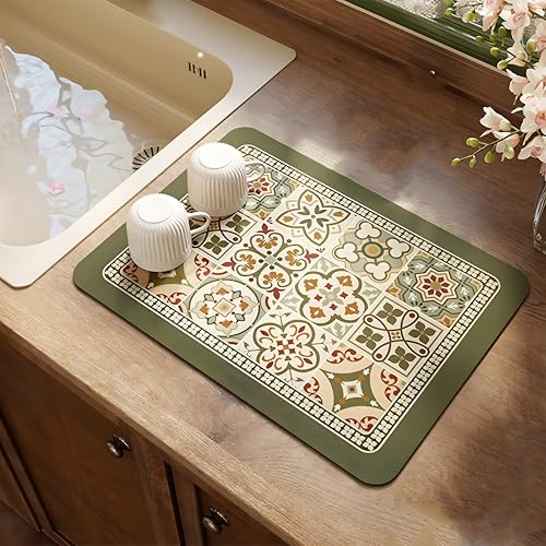 Coffee Mat, Boho Style Dish Drying Mat, Fast Water Absorption, Hide Stains, Easy to Clean, Fit Coffee Bar Accessories, Bar Mats for Countertop (16"x21", Green) - color: Green, size: 16" x 21"