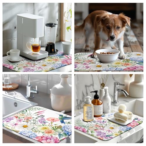 Spring Floral Birds Dish Drying Mat Summer Butterfly Flowers Kitchen Dish Drying Pad Daisy Absorbent Dish Dryer Mat for Kitchen Countertops Microfiber Dishes Drainer Pad (18x24 in)