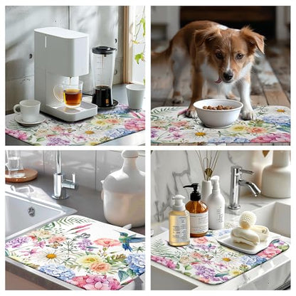 Spring Floral Birds Dish Drying Mat Summer Butterfly Flowers Kitchen Dish Drying Pad Daisy Absorbent Dish Dryer Mat for Kitchen Countertops Microfiber Dishes Drainer Pad (18x24 in)
