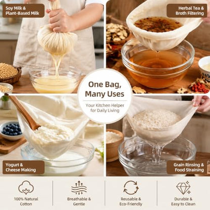 5Pcs Cotton Strainer Bags, Reusable Unbleached Cheesecloth Bags for Nut Milk, Juicing, Cooking & Food Straining (7.87x11.8in)