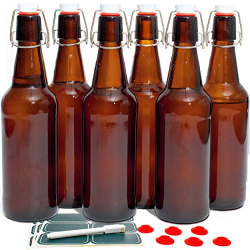 Otis Classic Swing Top Glass Bottles, Amber, Ceramic Cap, Set of 6, 16 oz | Clear Bottle, Includes Marker & Labels, For Juice, Water, Kombucha, Wine, Beer Brewing, Kefir Milk, Eggnog - color: Amber - Ceramic caps