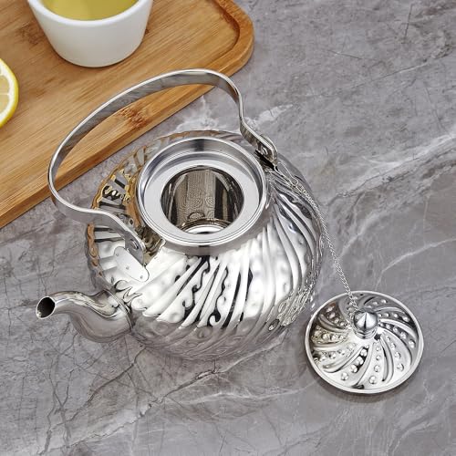 SANQIAHOME 2000ml stainless steel antique style teapot,with Infuser, thickened boiling kettle, lifting handle,Silver - color: Silver(D), size: 2000ml