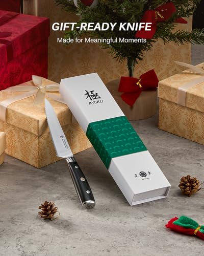 KYOKU 5.5 in. Serrated Utility Knife, Samurai Series Japanese Utility Chef Knife with Pakkawood Handle, German 1.4116 Stainless Steel Full Tang Sandwich Tomato Knife with Protective Sheath & Gift Box - size: 5.5", style: Utility Knife