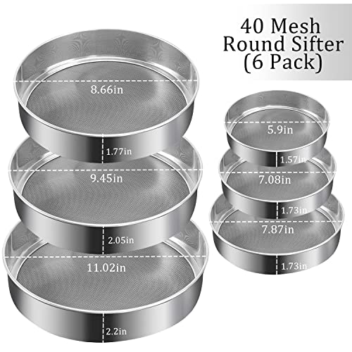 6 Pieces Stainless Steel Flour Sifter, Round Flour Sifter 40 Mesh, Premium Rustproof Flour Sieve Fine Mesh for Baking Cake Bread Pies Pastries Cupcakes（Different sizes）