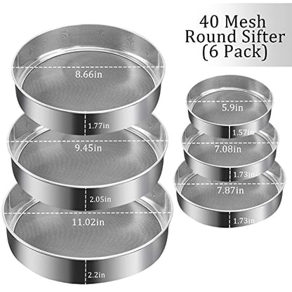 6 Pieces Stainless Steel Flour Sifter, Round Flour Sifter 40 Mesh, Premium Rustproof Flour Sieve Fine Mesh for Baking Cake Bread Pies Pastries Cupcakes（Different sizes）