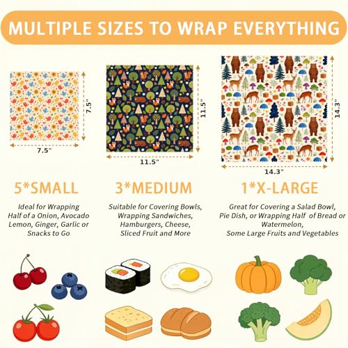 LENARKU Reusable Beeswax Wrap, Forest Animals Wraps, 9 Pack Eco-Friendly Food Storage, Organic Cotton, Sustainable, Zero Waste, Plastic-Free, Sandwich & Snack Covers, 1XL, 3M, 5S - color: Beige Woodland