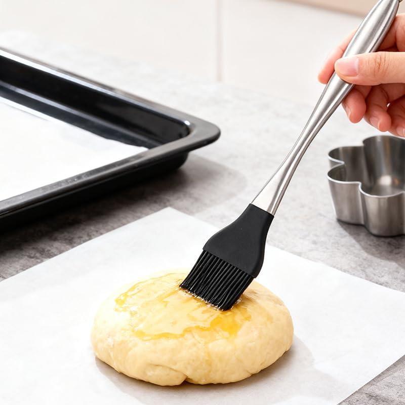 430 Stainless Steel Silicone Basting Brush - Heat Resistant, Hollow Handle, Round Tip Long Brush for Grilling, Baking, Cake Cream - New Version