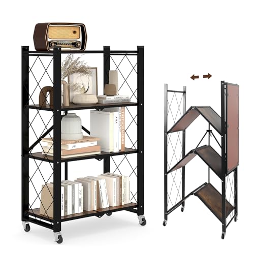 4 Tier Folding Shelf with Wheels, Wood and Metal Bookshelf, no Assembly Foldable Storage Shelves, Vintage Storage Rack for Living Room, Bedroom, and Home Office - color: Brown Wooden, size: 4 Tier