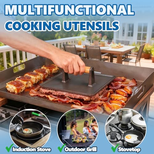 SafBbcue 10" Square Cast Iron Burger Press Smash Burger Griddle Weight Press for Blackstone, Pitboss, Camp Chef Flat Top Grills Accessories, Bacon Press for griddle for Grill Cooking Accessories, 2PCS - style: 10In Press x2