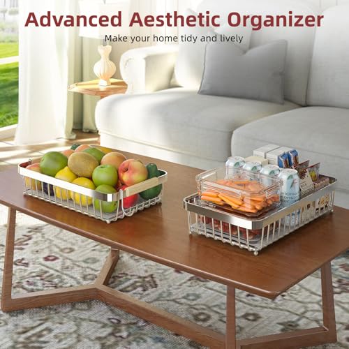 Sevenblue 2-Tier Fruit Basket with Banana Hangers, Detachable Metal Bowl | Wooden handle, protective mats included. Versatile holder for bread, snacks, and veggies. Extra Large 2 tier metal design. - color: Silver, size: 2 Tier Extra Large