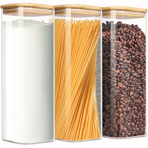 2.2 Qt Square Glass Storage Containers with Lids, Clear Food Storage Container Jar with Sealing Bamboo Lid Storage Containers for Pasta, Oats, Coffee, Flour, Sugar (Square -3Pack) - size: Square 2.2 Qt -3Pack