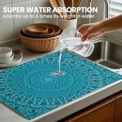 Absorbent Kitchen Dish Drying Mat Quick Dry Heat Resistant Hide Stain for Glasses Coffee Espresso Machines Pots Pans and Dish Racks,18" x 24" Teal Mandala Geometric Pattern - color: Teal Mandala Geometric