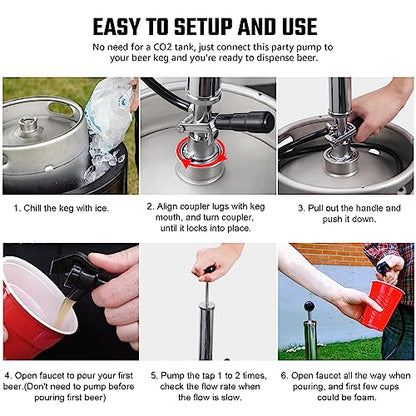 8” Keg Tap Beer Keg Party Pump, D System Beer Taps for Kegs, Kegerator Tap Stainless Steel Probe Coupler with Beer Line Faucet Hose Clamps for Homebrew