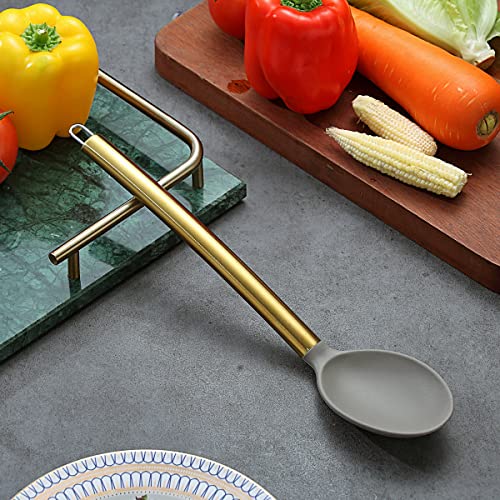 Berglander Non-stick Silicone Solid Serving Spoon, Titanium Gold Plating handle, Basting Spoon, Dishwasher Safe, Easy to Clean - style: c. Solid Spoon