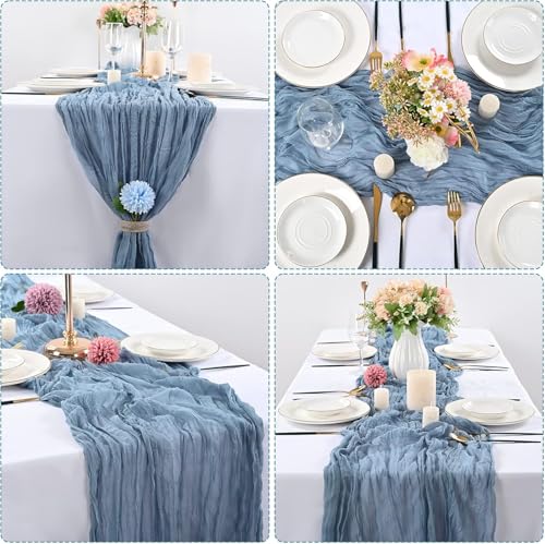 16 Pack Dusty Blue Cheesecloth Table Runner 10Ft Boho Gauze Table Runners 35x120 Inch Blue Cheese Cloth Table Runners Long Sheer Table Runners for Wedding Bridal Shower Birthday Party Table Decor - style: Blue