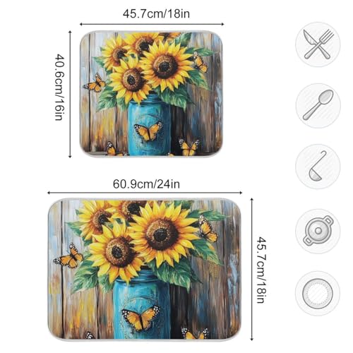 Monarch Sunflowers Jar Dish Drying Mat for Kitchen Counter Super Absorbent Draining Mat with Non-slip Backed Coffee Mat for Dish Bottles Cups Bowl Countertops Sinks Draining Racks