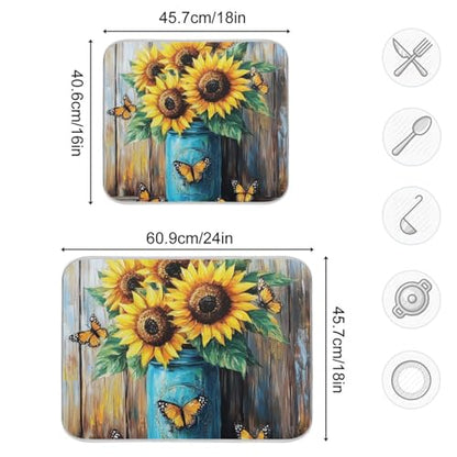 Monarch Sunflowers Jar Dish Drying Mat for Kitchen Counter Super Absorbent Draining Mat with Non-slip Backed Coffee Mat for Dish Bottles Cups Bowl Countertops Sinks Draining Racks